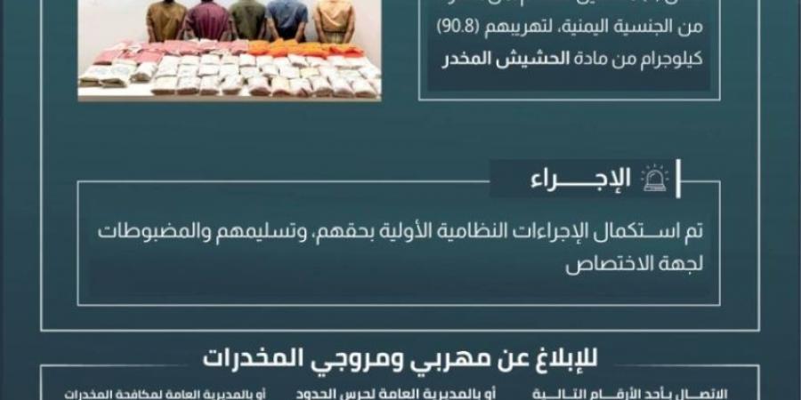 حرس الحدود بجازان يقبض على 5 مخالفين لنظام أمن الحدود لتهريبهم 90.8 كيلوجرامًا من مادة الحشيش المخدر